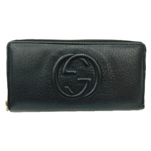 GUCCI Leather Tassel Round Zipper Wallet GG Mark Black